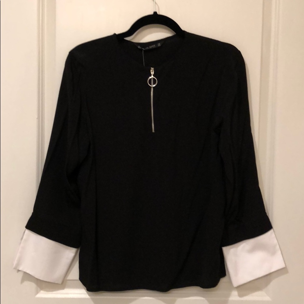 Zara Basic Black Shirt w/ zipper and white cuffs